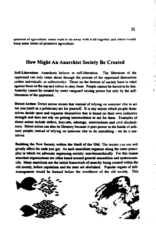 question of agnicullure: some want w o away with i all logether and others would kecp some forms of primitive agriculture. How Might An Anarchist Society Be Created Self-Liberatioa: Anarchists belicve in self-Wberation. The liberaon of the ‘oppressed can only come aboust thivugh the actwas of the oppresscd themsclves either individually or collcctively) Those on the botiom of society have 1o rebel ‘againsi those on he top an refusc 10 obey them People cannot be forced 1o be fiee Anarchy cannot be created by some vanguard seizing power but only by the self- liberation of the oppressed. Direct Acten: Dirct acion means that instead of elying on someone el 10 act for you (sach as a polician) act for yourself. It is any action which peuple thea- selves docide upon and erganise themselves thai is based on their own collective strengih and does not rely on getling intermeodintes 10 act for them. Examples of direct ction include srkes, boycos, sabotage, insurrections and civil disobeli- ‘ence. Disec action can ko b libatory because it puts power i the hands of odi- nary people; instcad of relying on someoa else 10 do something - we o i our- selves. Buikding the New Seciety within the Shel of the OM: The means you use will reatly affctthe cads you get. As such anarchiss organise along the same princi- ples in which we advocate organiing socicty: son-hicrarchically. For this reason marchist organisations are ofica besed around peacral asscmblics and spokescoun- cils. Mamy aaaechists sethe initia Gamework of anaschy being creaed within the old sociery, before capitalsm and the siate are abolished. Popular organs of seli- management would be form before the overthrow of the old seiety. This
